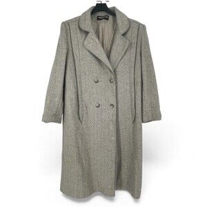 VTG Alorna Tan Wool Herringbone Double Breasted Trench 80s Long Coat Size L/XL